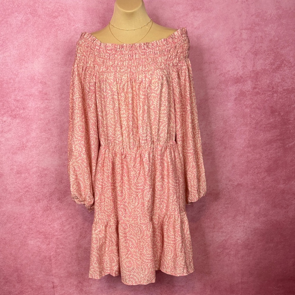 125. H&M Pink Off Shoulder Smocked Long Sleeve Dress L